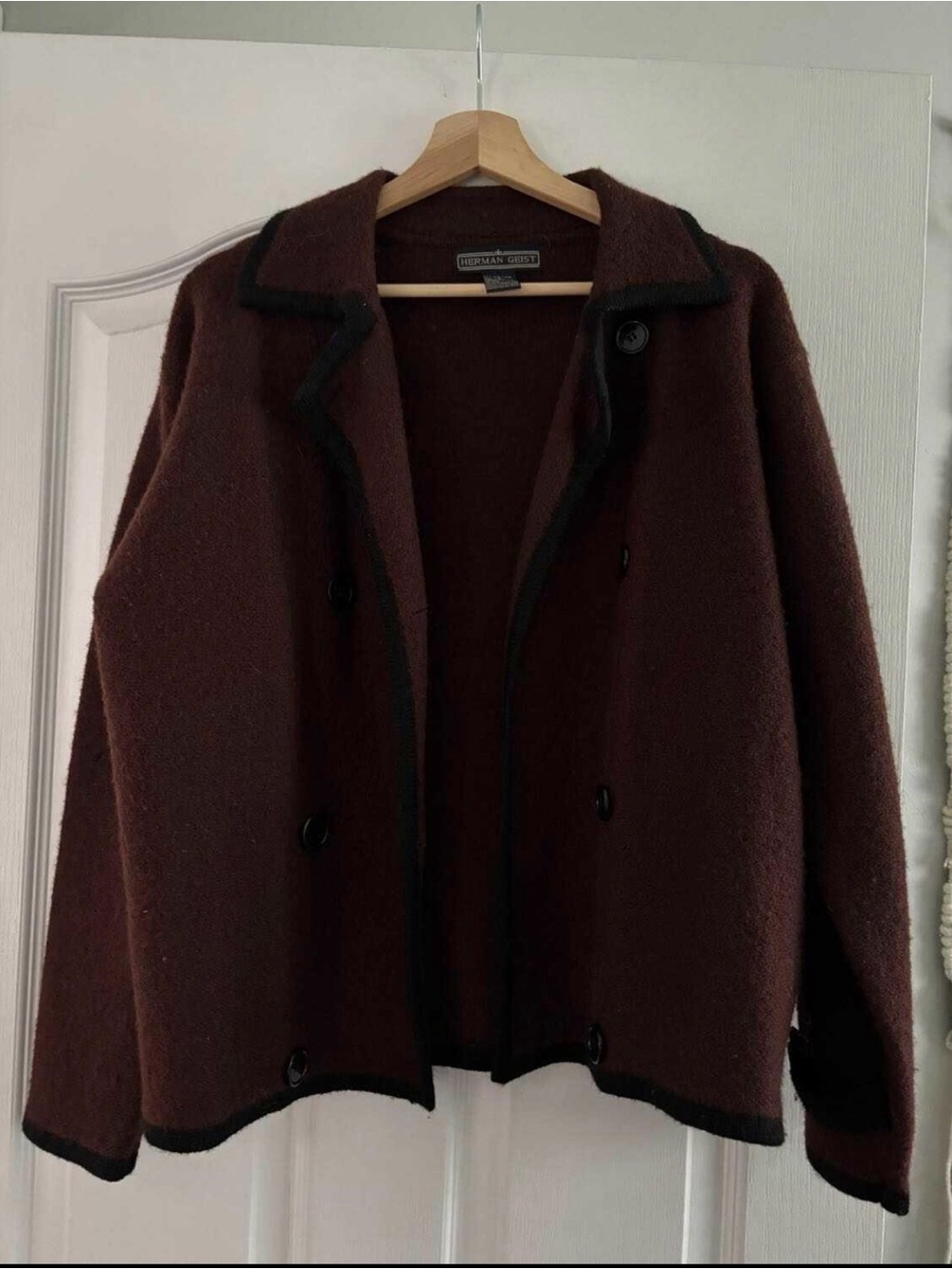 Vintage-Inspired Brown Wool Pea Coat with Black Trim